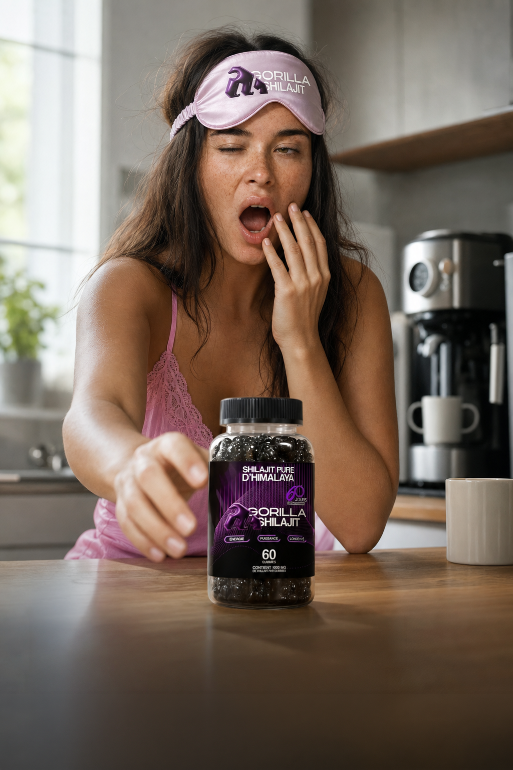 Femme fatiguee le matin dans sa cuisine avec le pot Gorilla Shilajit